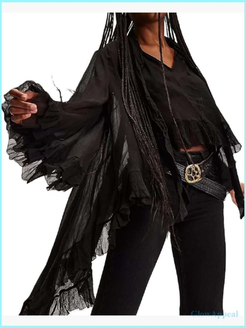 Long Sleeve Sheer Mesh Ruffle Blouse Tunic Top Oversized Flowy Chiffon